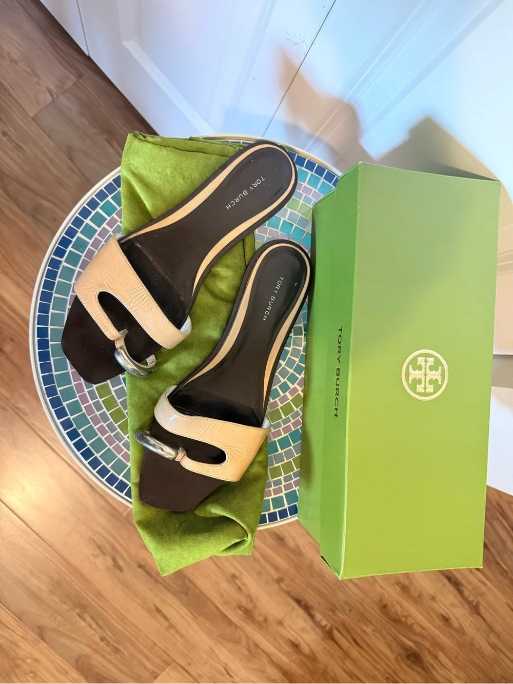 Tory Burch Beige Leather Slide Mules with Silver Hardware
